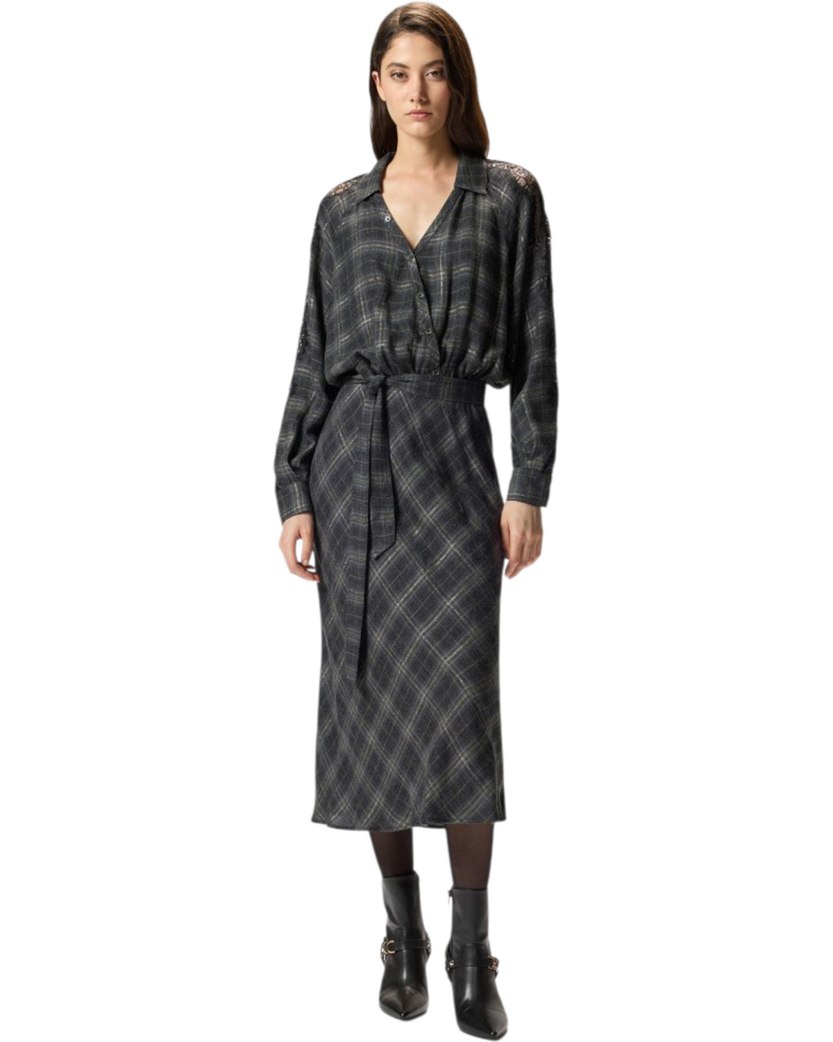 Μακρύ καρό φόρεμα με δαντέλα OSANE