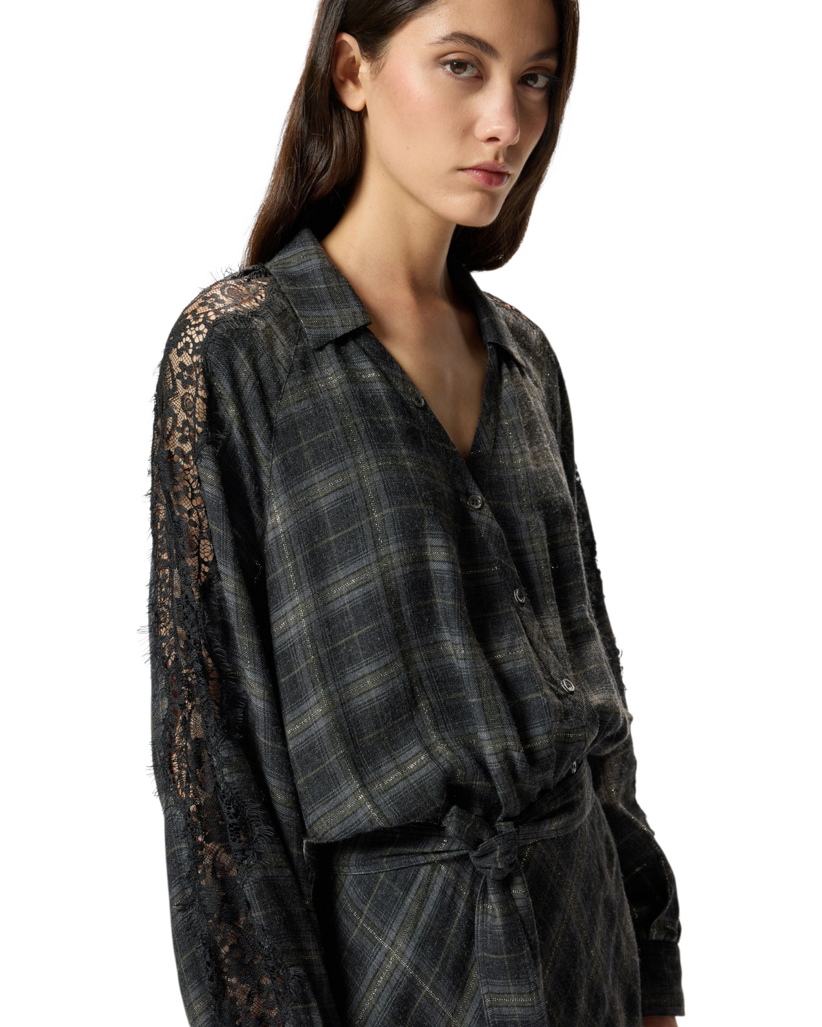 Μακρύ καρό φόρεμα με δαντέλα OSANE