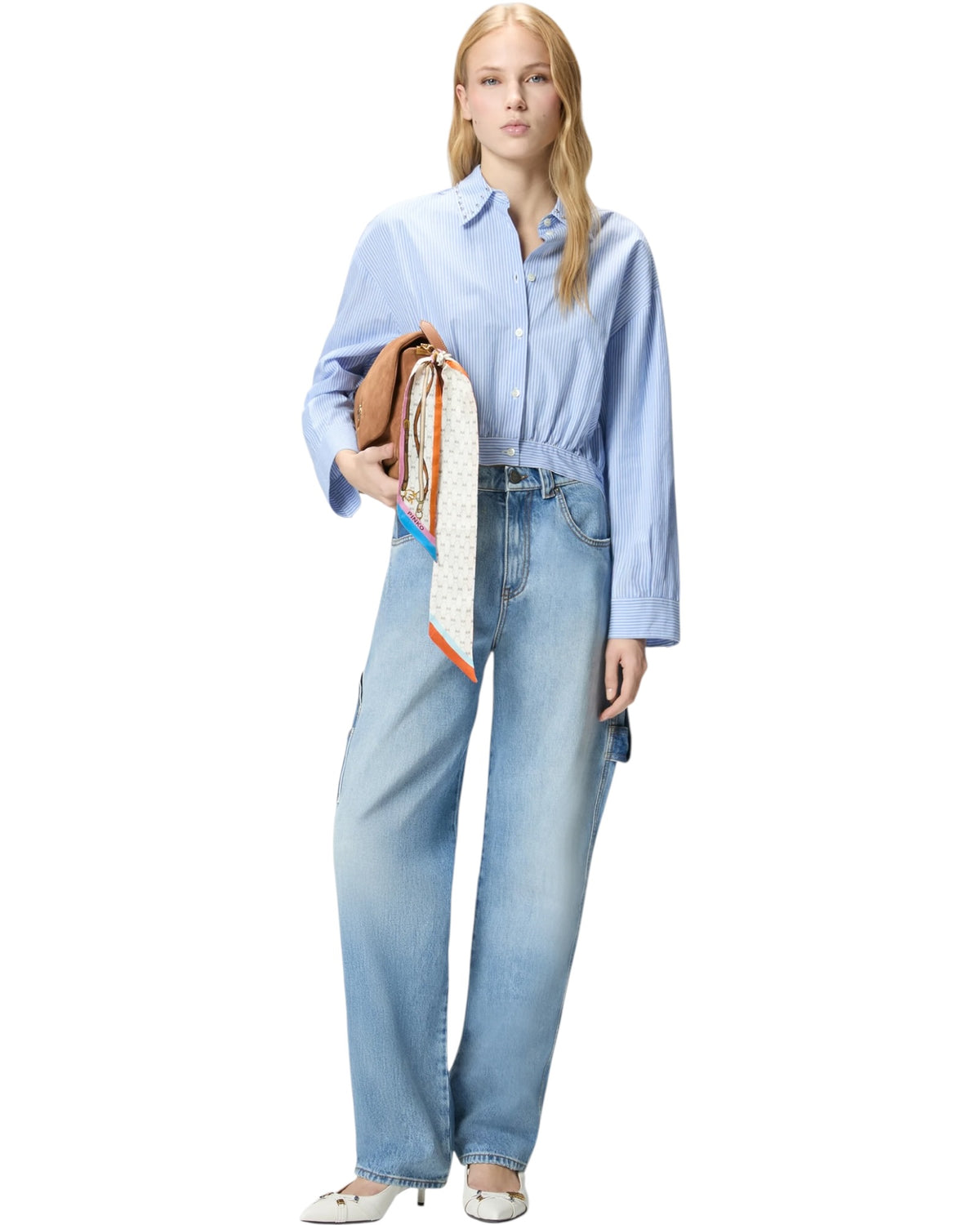 Ριγέ κοντό πουκάμισο με γιακά με κόσμημα CHARITA