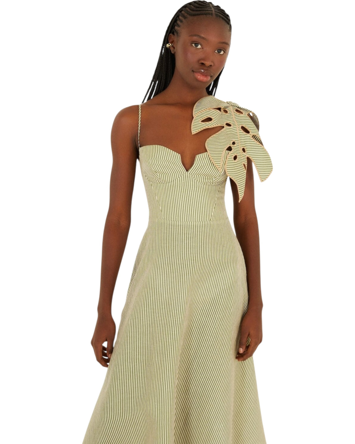 Ριγέ φόρεμα midi λινό STRIPED MONSTERA LEAF