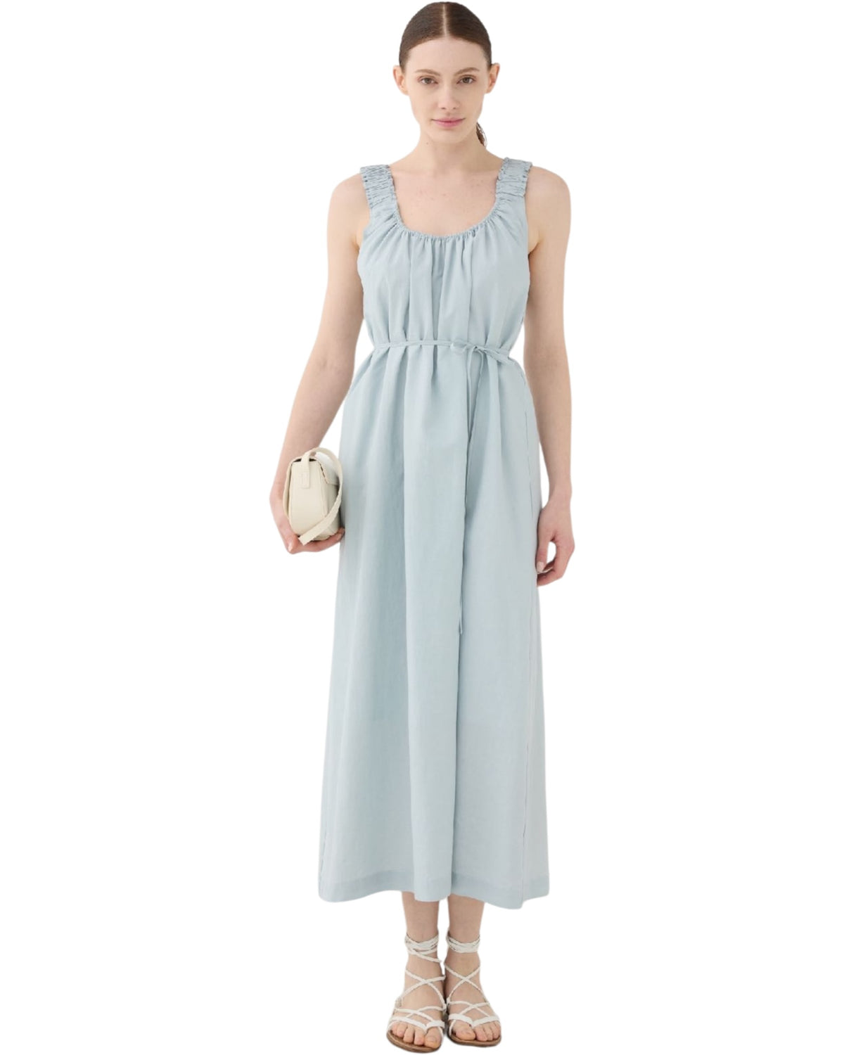 Midi φόρεμα με σούρες στο ντεκολτέ