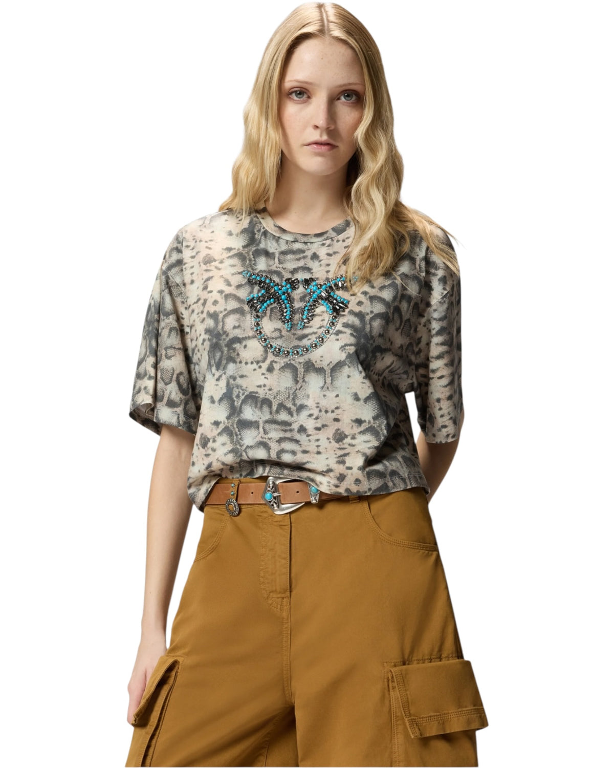 Κοντό μπλουζάκι με τύπωμα φίδι και Love Birds TERNI