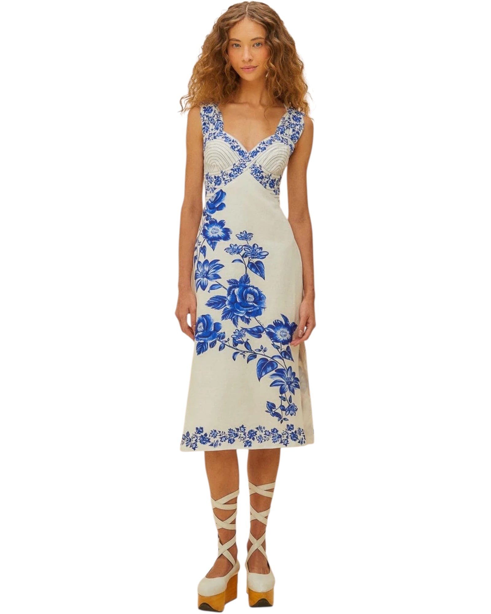 Εκρού φλοράλ μίντι φόρεμα CASCADE