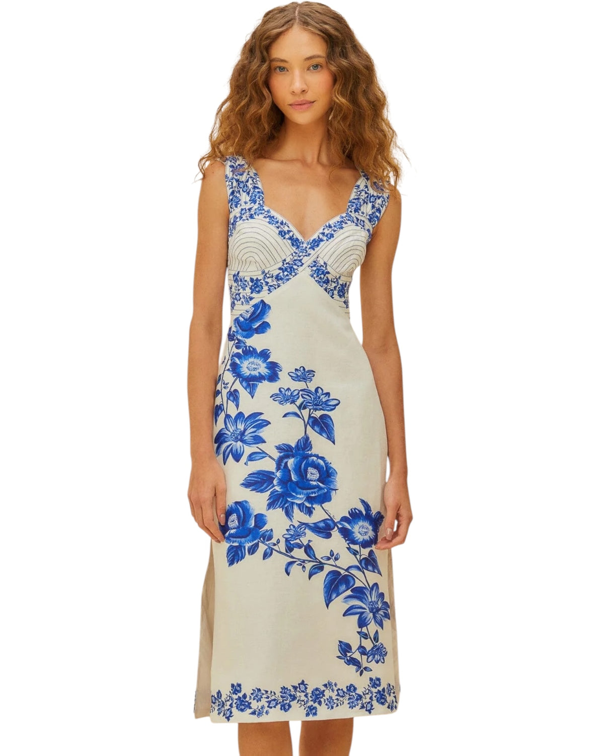 Εκρού φλοράλ μίντι φόρεμα CASCADE