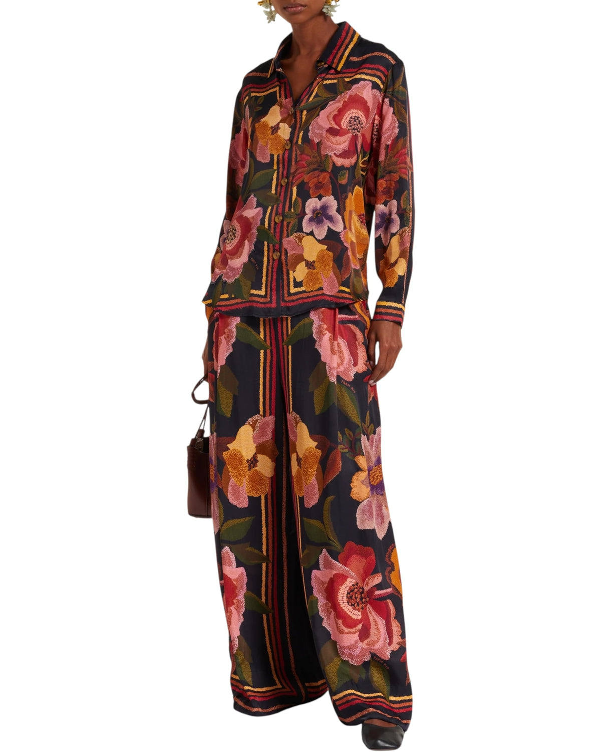 Ψηλόμεσο παντελόνι με φλοράλ στάμπα και φαρδιά μπατζάκια