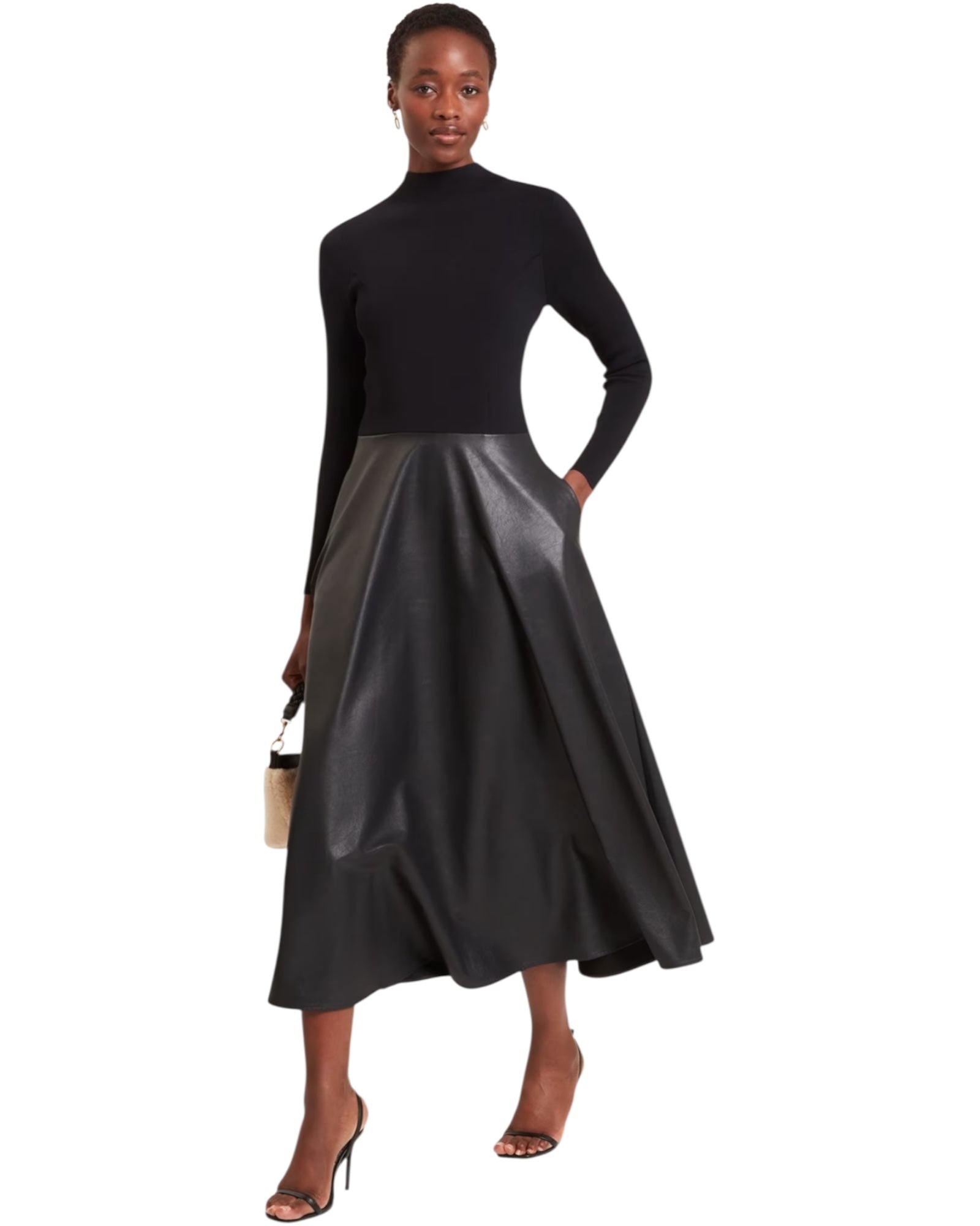 Midi φόρεμα με δερμάτινη φούστα σε γραμμή Α NOVIVA