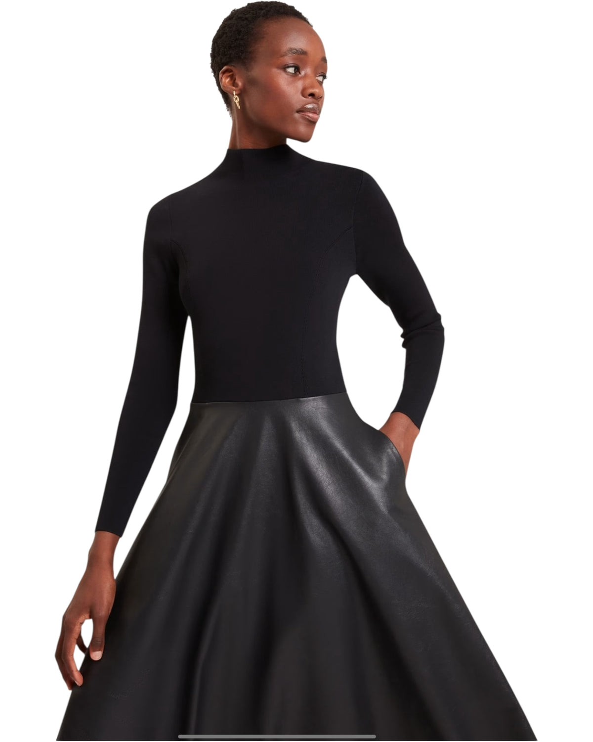 Midi φόρεμα με δερμάτινη φούστα σε γραμμή Α NOVIVA