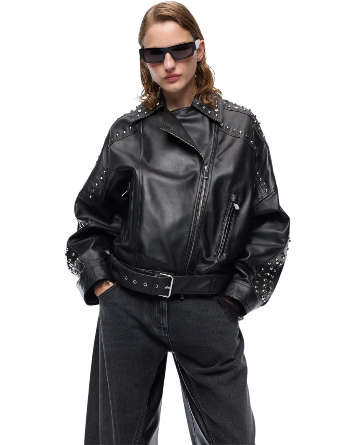 Δερμάτινο μπουφάν τύπου biker με τρουκς CAMELIA