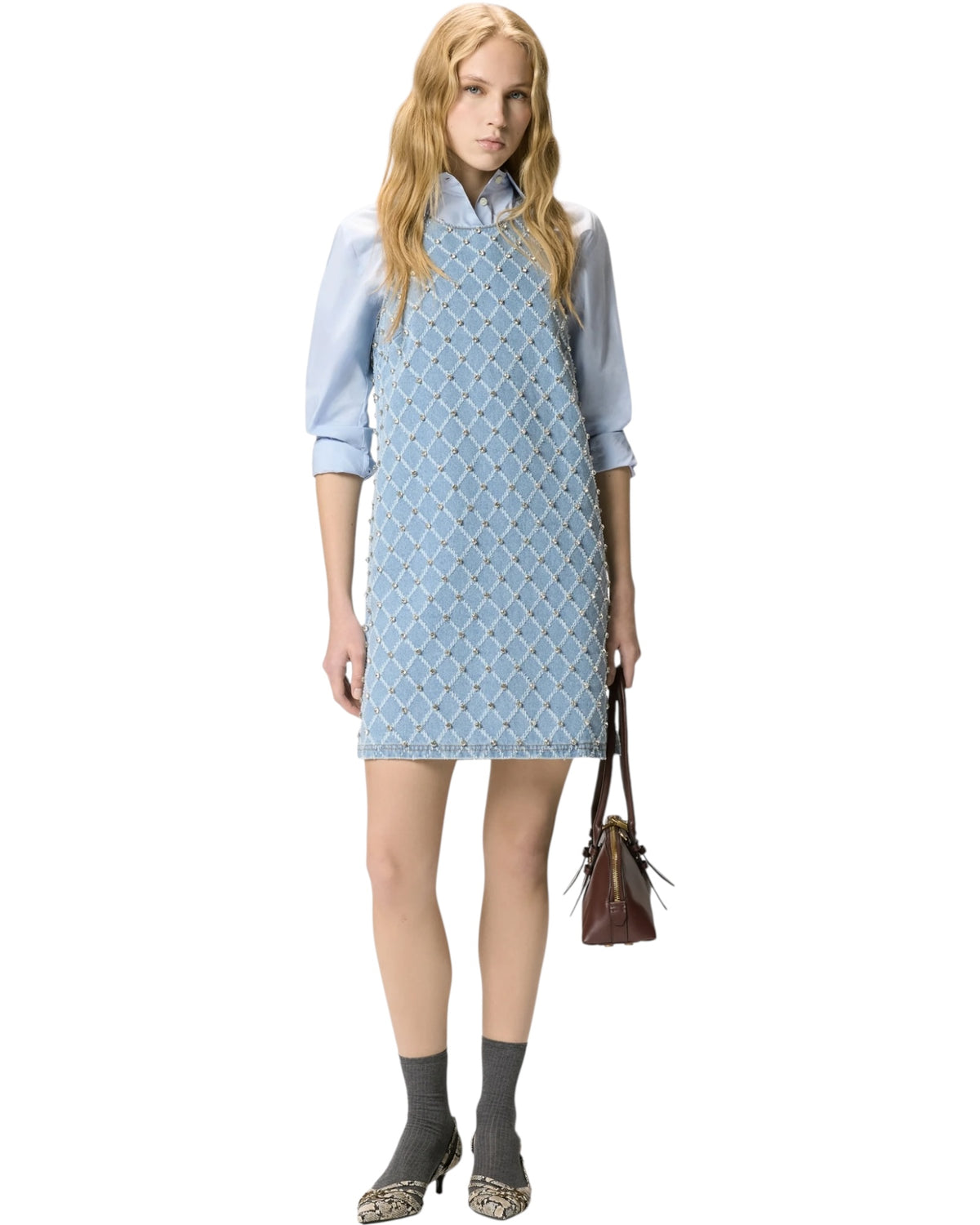 Κοντό τζιν φόρεμα με μοτίβο διαμαντιών και στρας AMORINO