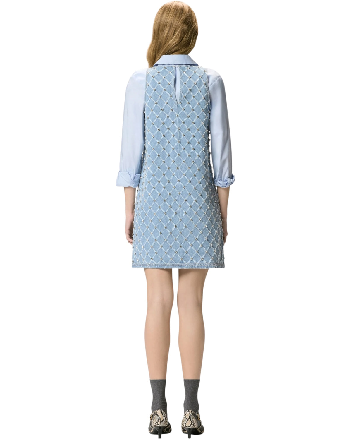 Κοντό τζιν φόρεμα με μοτίβο διαμαντιών και στρας AMORINO