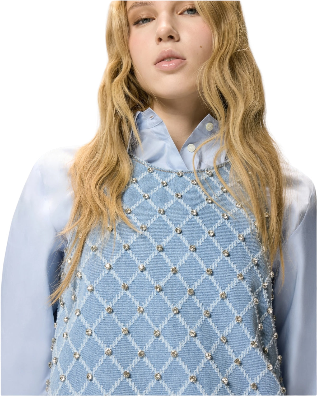 Κοντό τζιν φόρεμα με μοτίβο διαμαντιών και στρας AMORINO