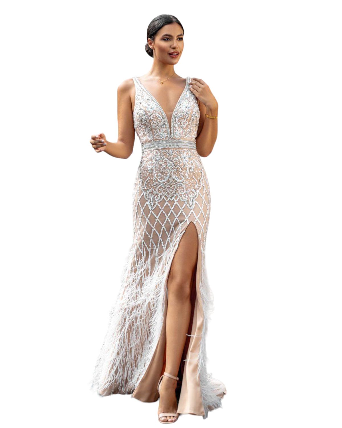 Φόρεμα Maxi με πούπουλα και στρας