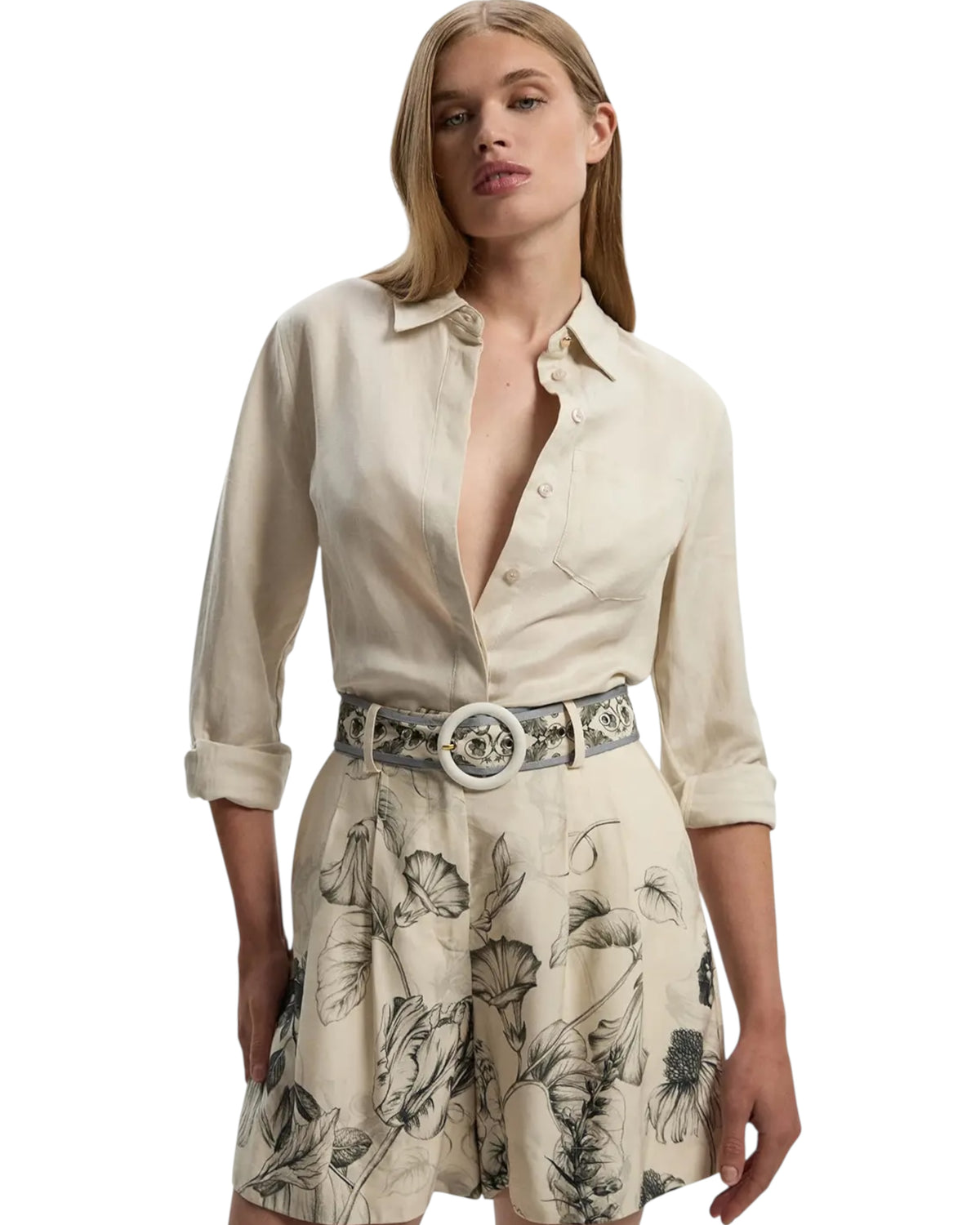 Σορτς με στάμπα από βισκόζη και λινό Scenic Placed με ζώνη