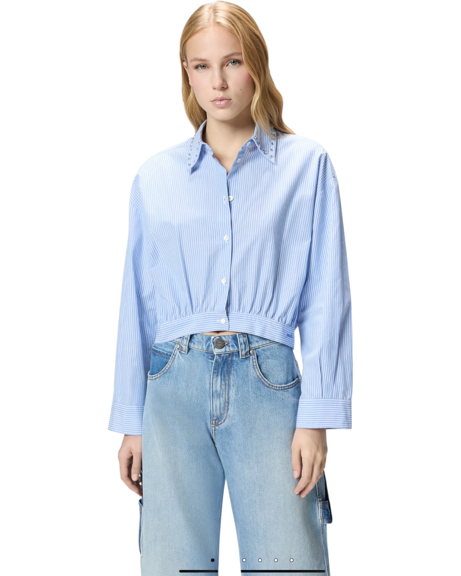 Ριγέ κοντό πουκάμισο με γιακά με κόσμημα CHARITA