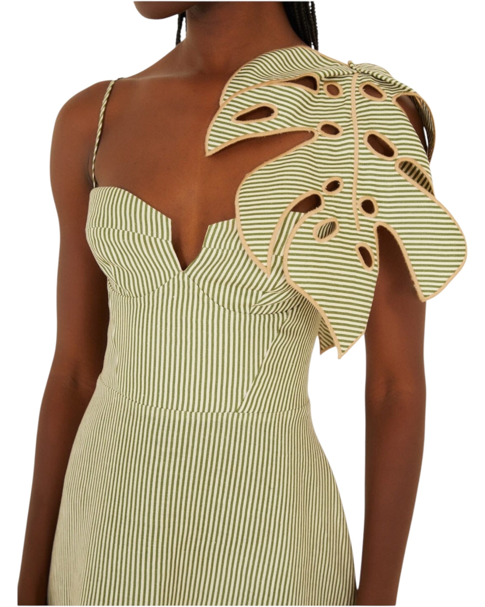 Ριγέ φόρεμα midi λινό STRIPED MONSTERA LEAF