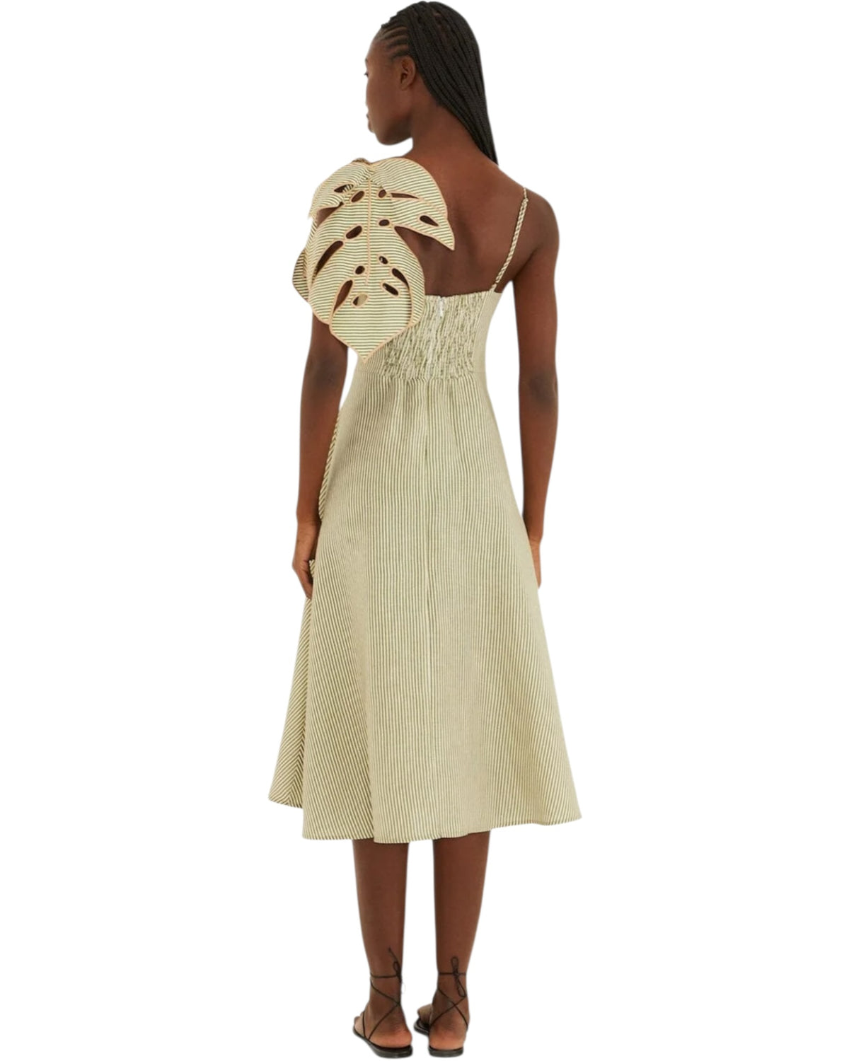 Ριγέ φόρεμα midi λινό STRIPED MONSTERA LEAF