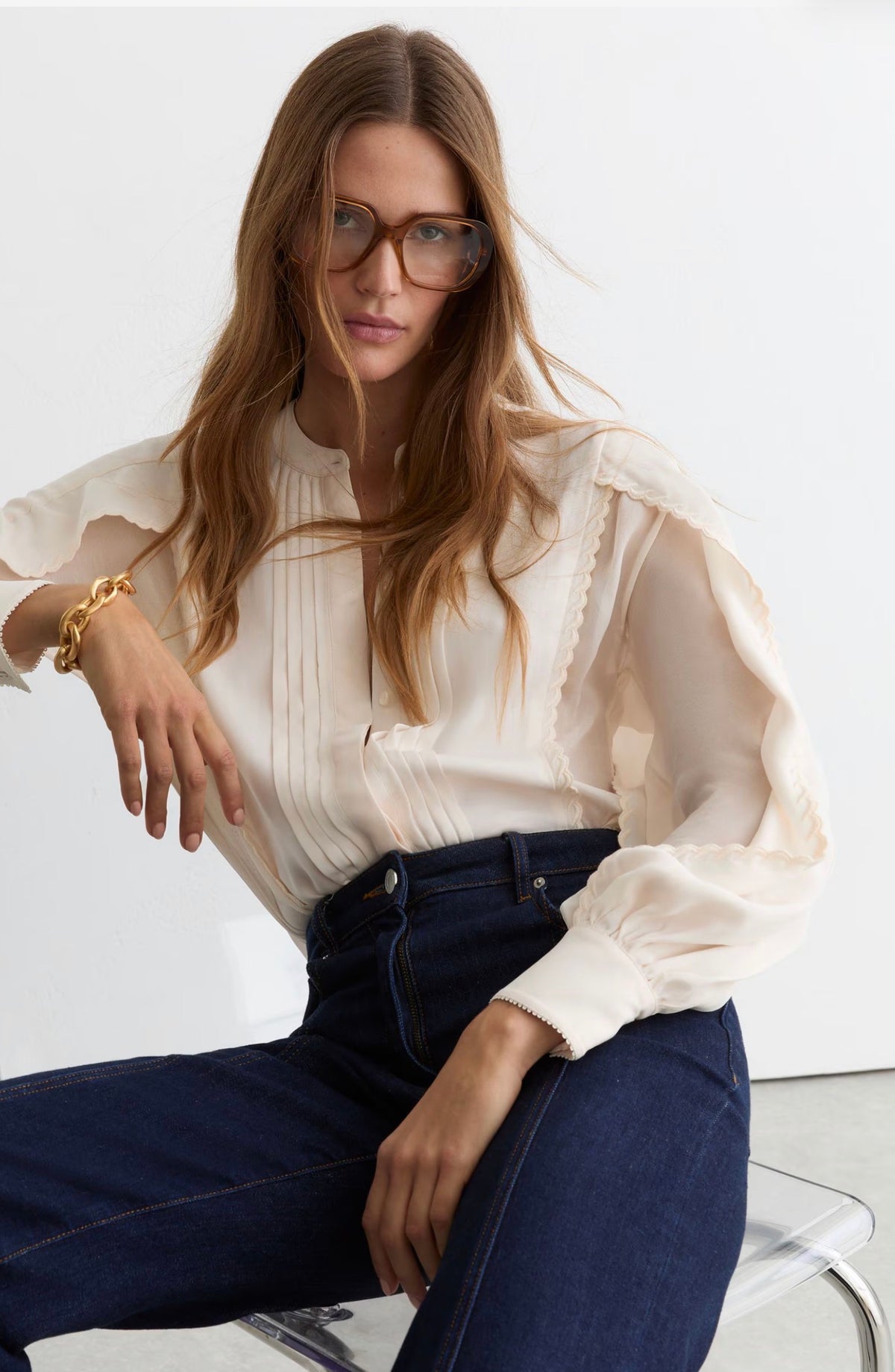 Πλισέ κεντημένη μακρυμάνικη μπλούζα MADDIE