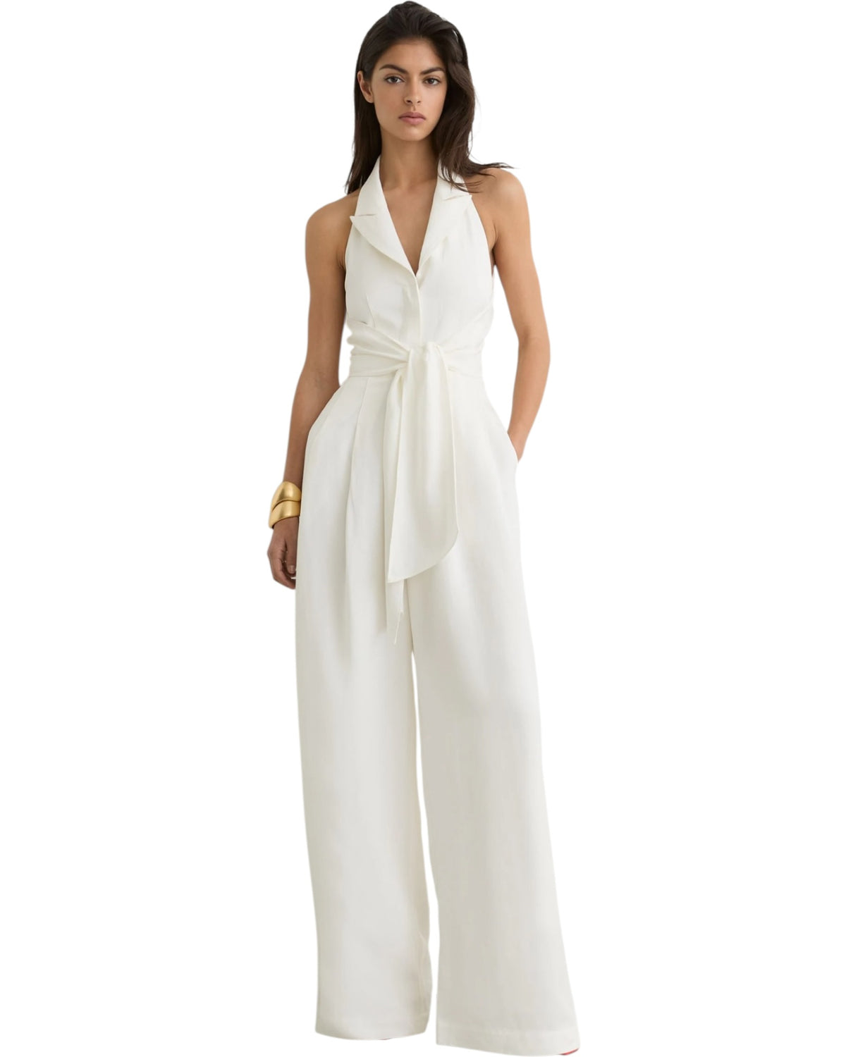 Ολόσωμη φόρμα με φαρδιά μπατζάκια και δεσίματα μπροστά TAYA