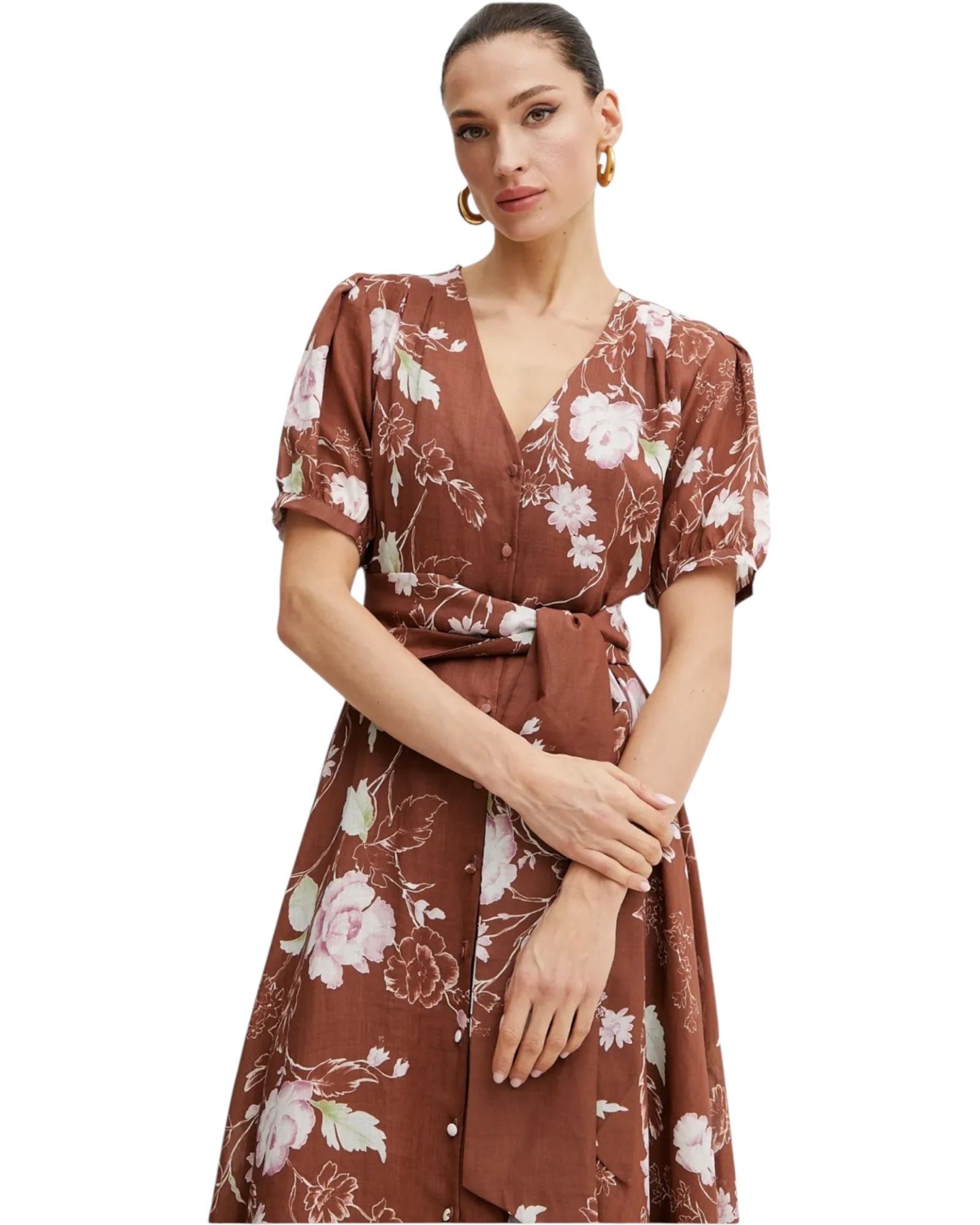 Φόρεμα Regard Καφέ με Λουλούδια