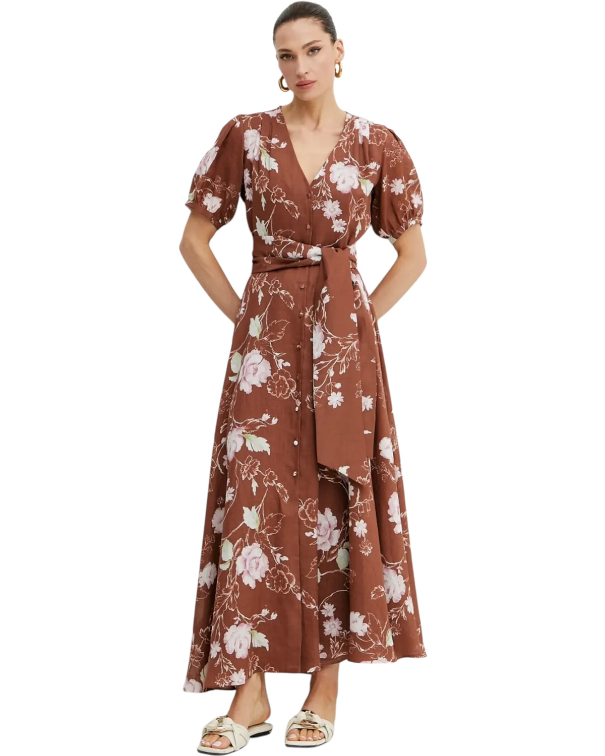 Φόρεμα Regard Καφέ με Λουλούδια