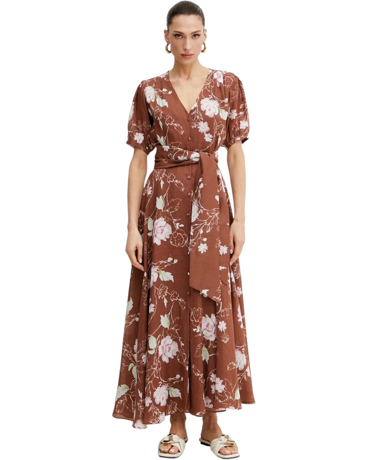 Φόρεμα Regard Καφέ με Λουλούδια