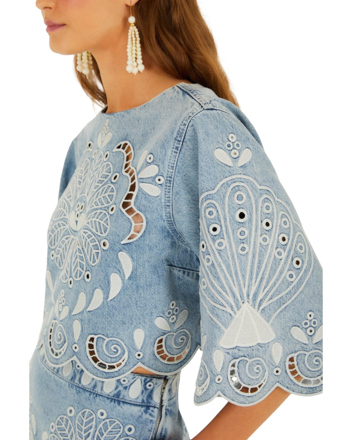 Κοντό τοπ με κυματιστό τελείωμα DENIM RICHELIEUX CROPPED