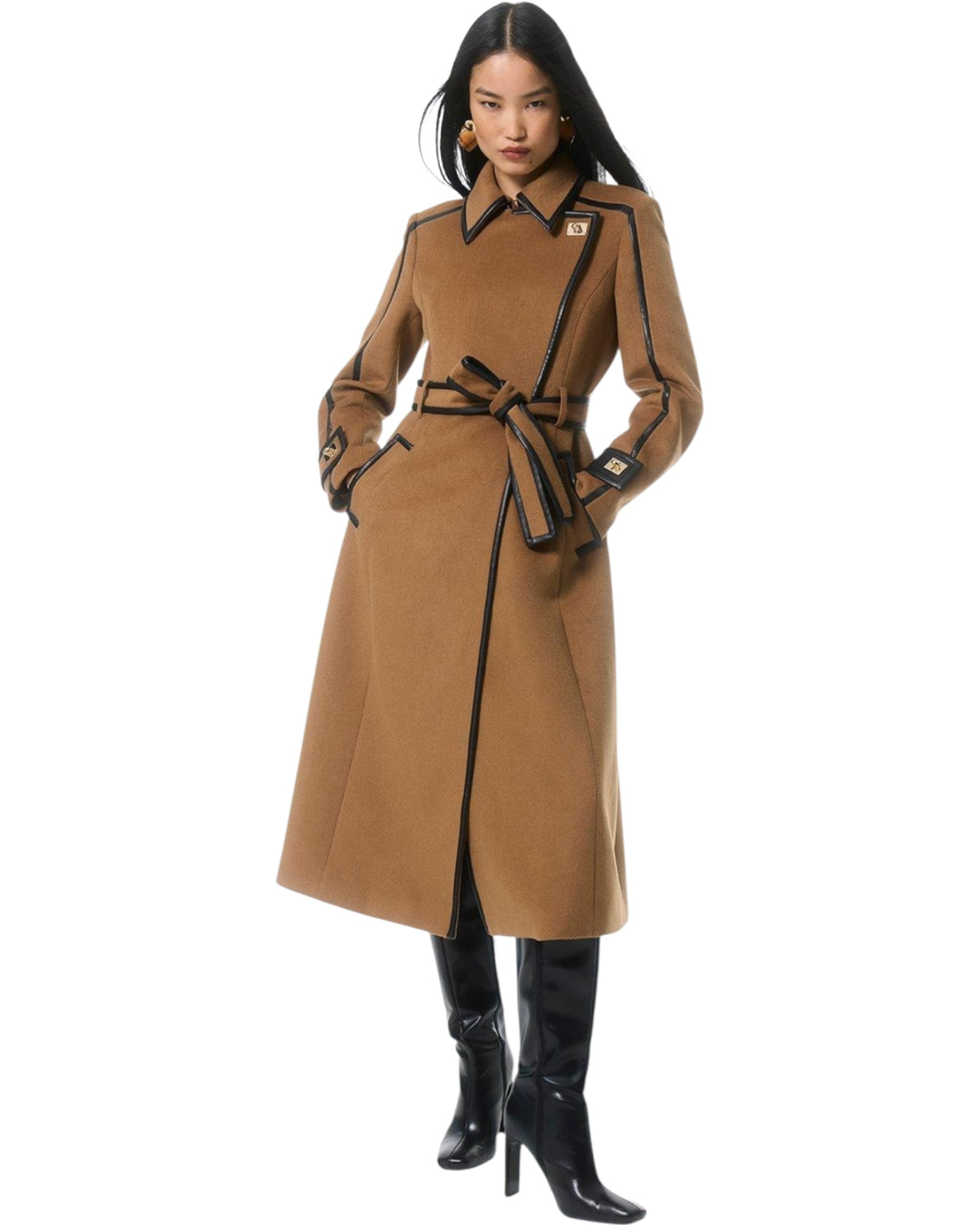 Παλτό Midi με σταυρωτό τελείωμα και ζώνη από μάλλινο ύφασμα