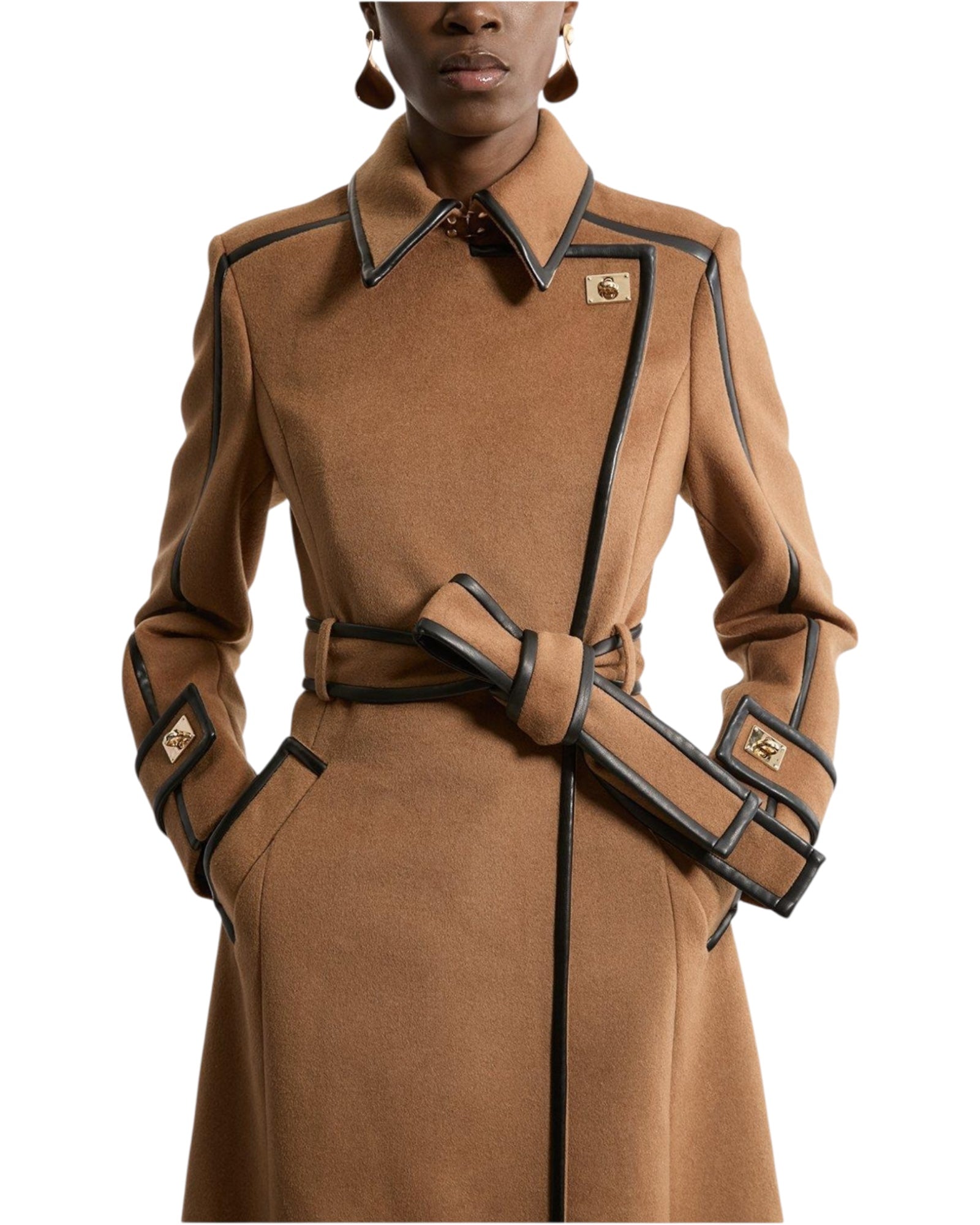 Παλτό Midi με σταυρωτό τελείωμα και ζώνη από μάλλινο ύφασμα