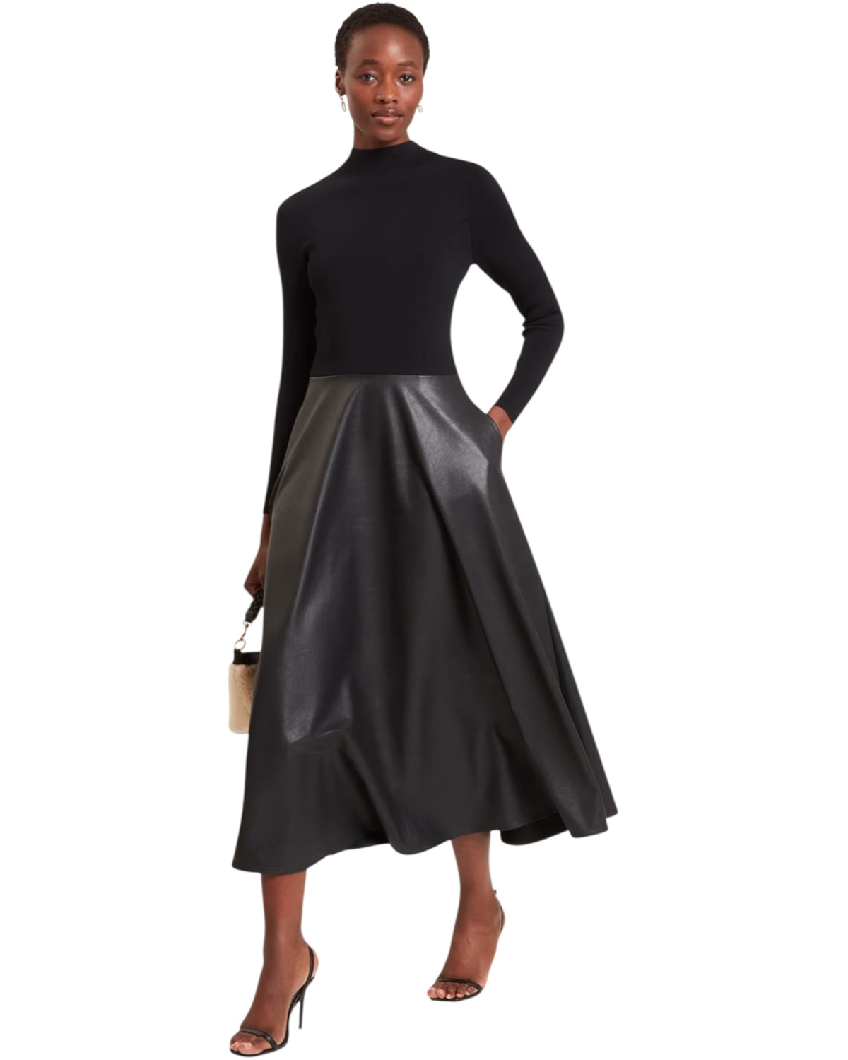 Midi φόρεμα με δερμάτινη φούστα σε γραμμή Α NOVIVA