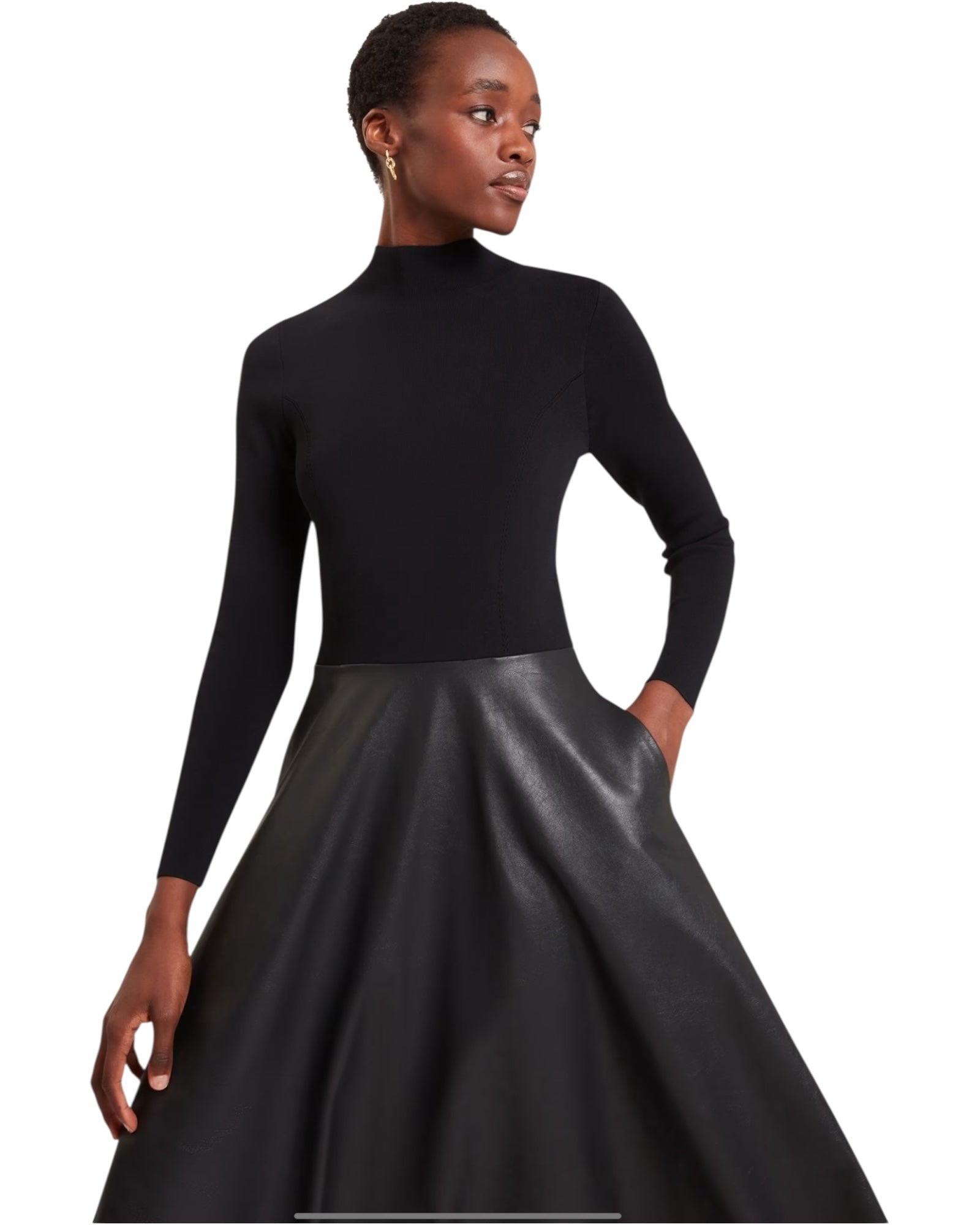 Midi φόρεμα με δερμάτινη φούστα σε γραμμή Α NOVIVA