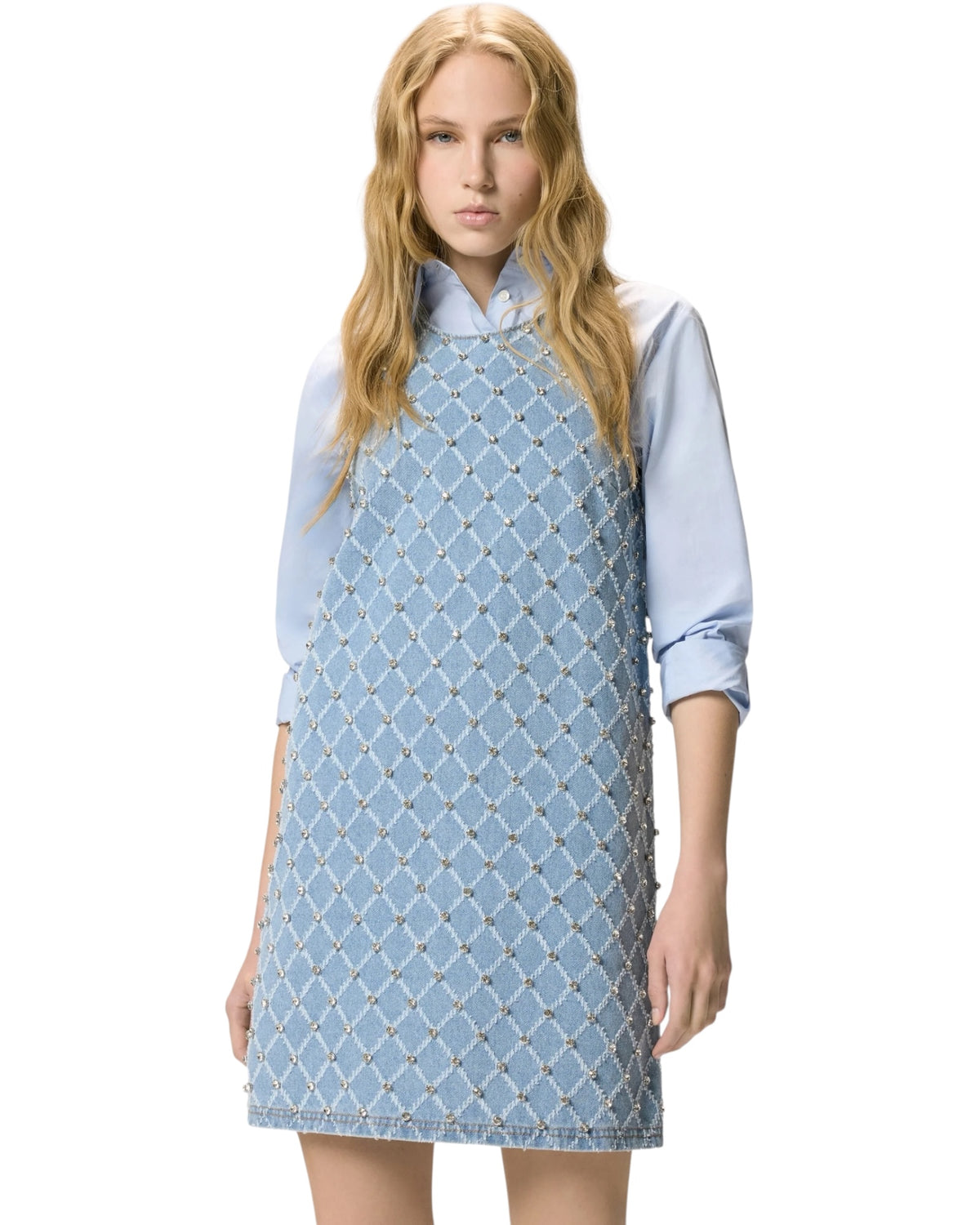 Κοντό τζιν φόρεμα με μοτίβο διαμαντιών και στρας AMORINO