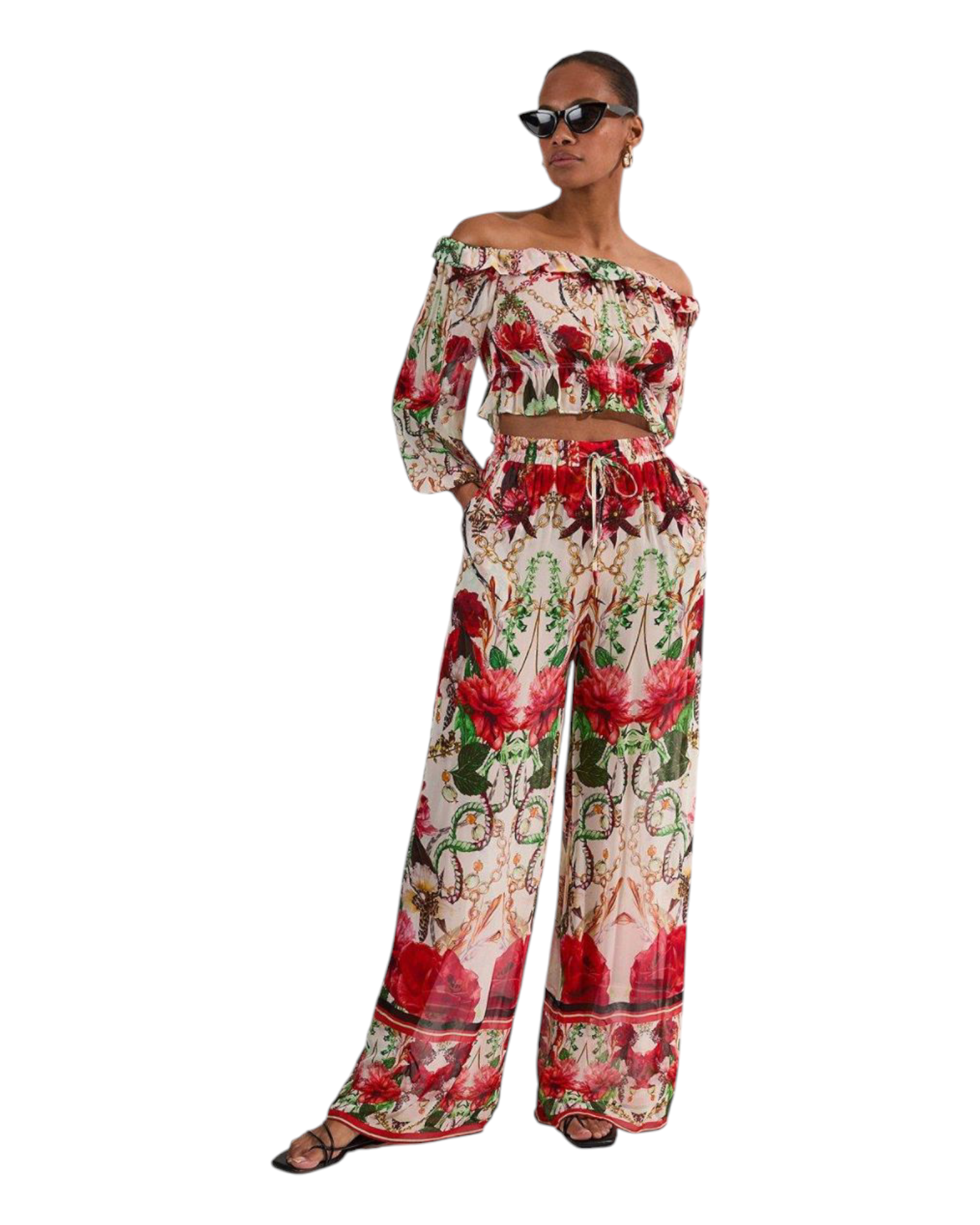 Παντελόνι με φαρδιά γραμμή σε στάμπα Georgette Mirrored Rose Print