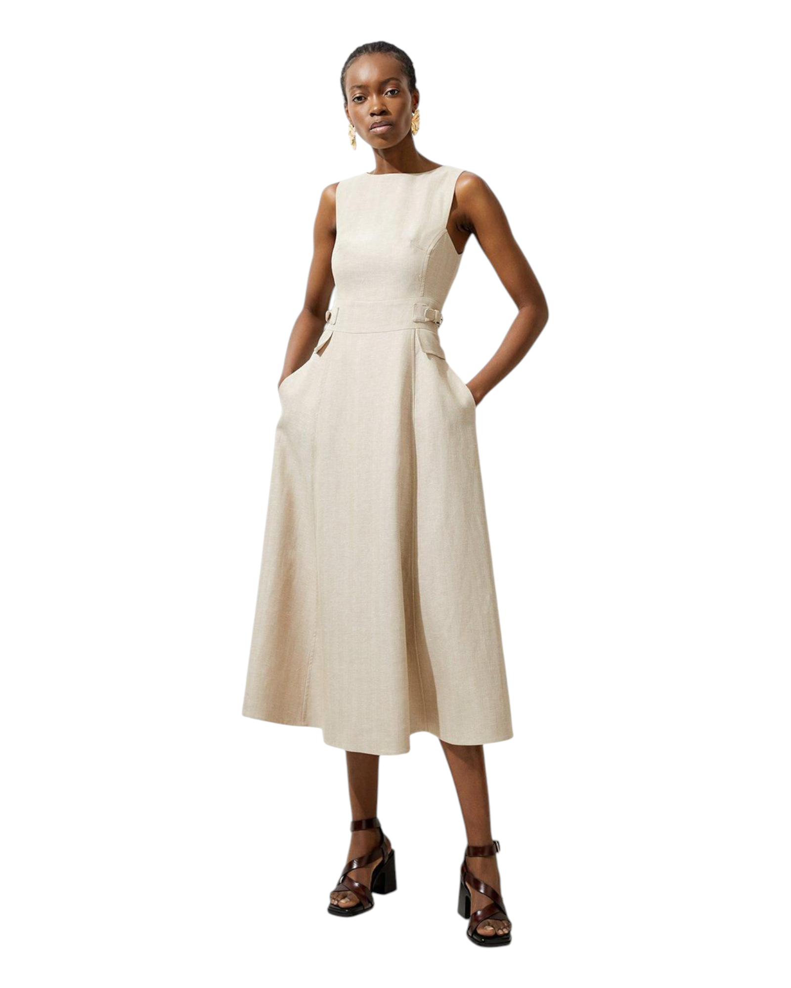 Φόρεμα Midi από λινό υψηλής ποιότητας με λεπτομέρεια στη μέση